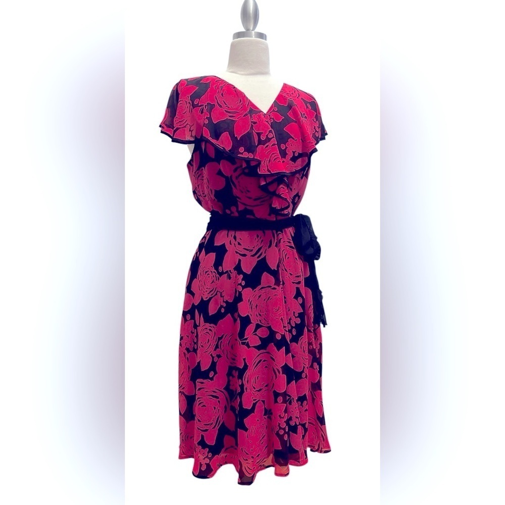Pink and Black Ruffled Midi Dress